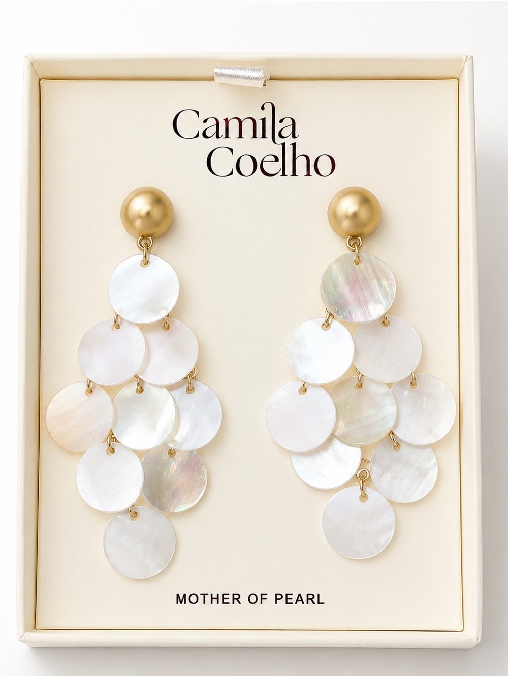 Camila Coelho NWT Mother of Pearl Dangle Chandelier Earrings Gold Tone Statement